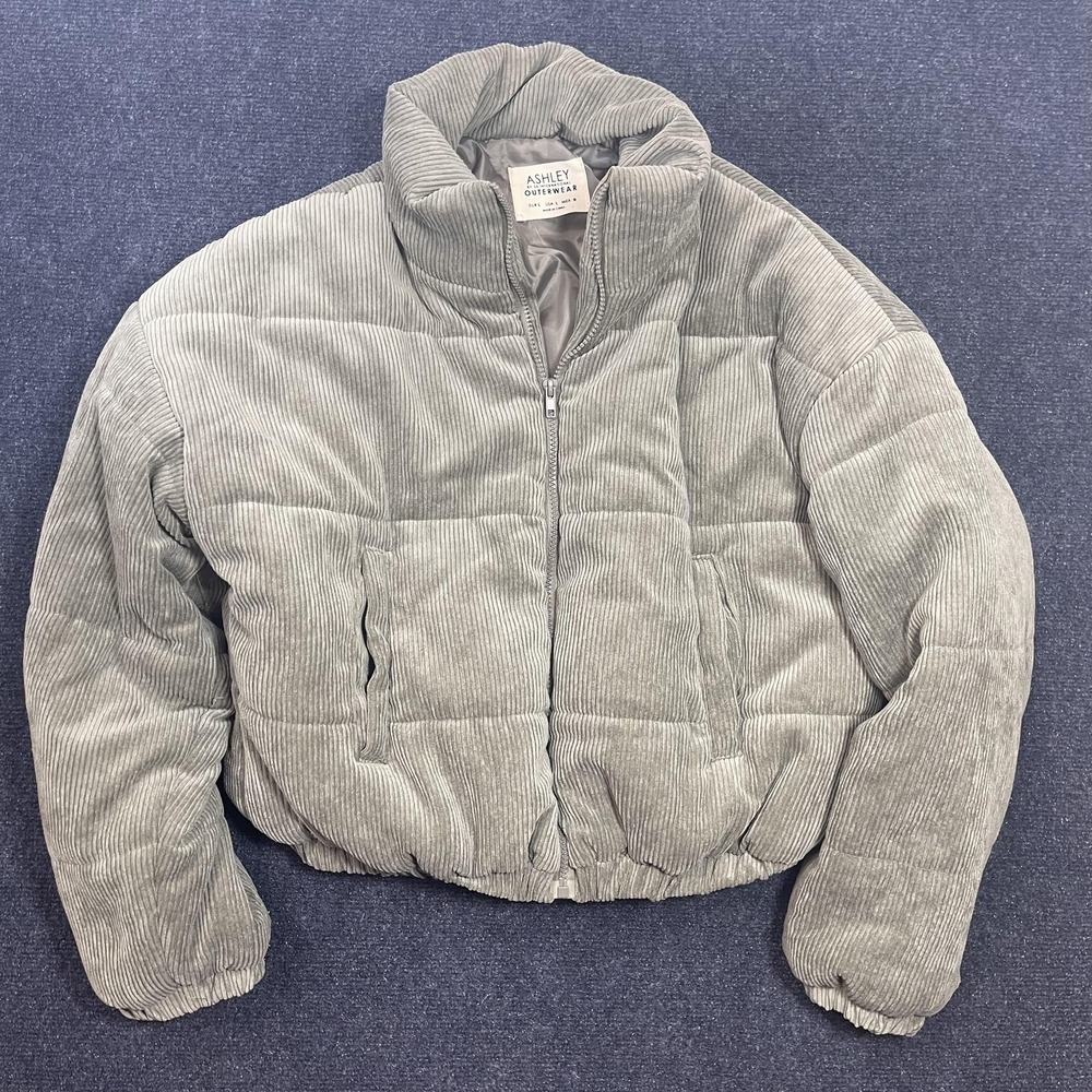 Ashley By 26 International Jacket Womens Large Gray Corduroy Puffer Full Zip